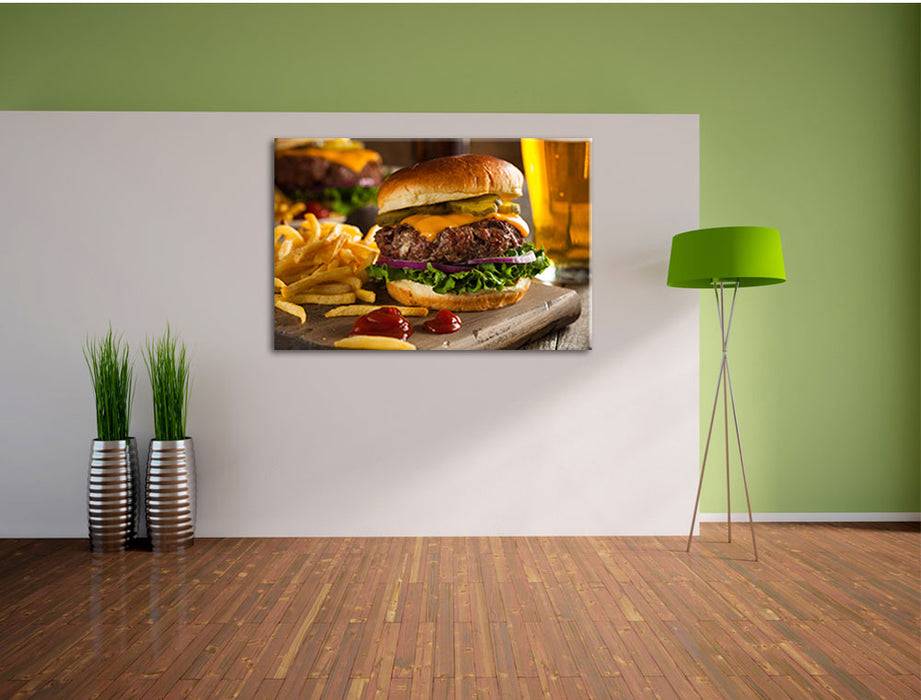 Pixxprint Saftiger Chili Cheese Burger, Leinwandbild Super Rabatt