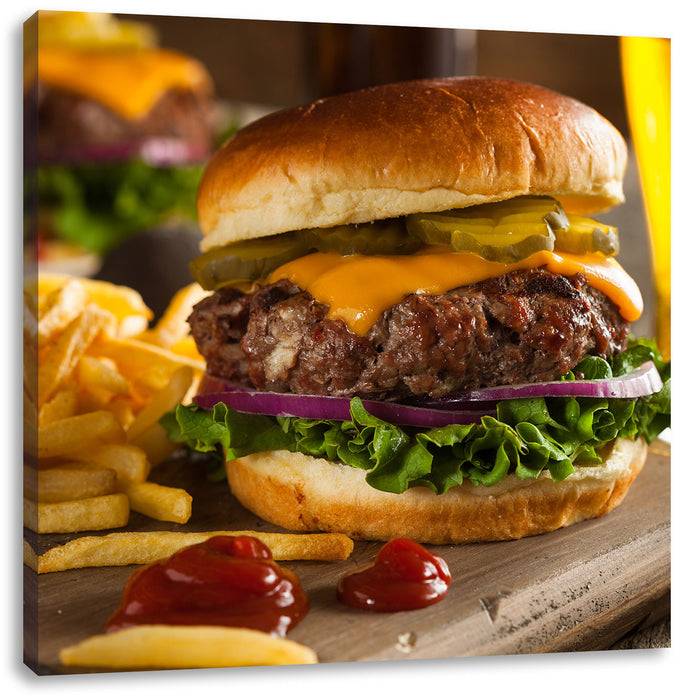 Pixxprint Saftiger Chili Cheese Burger, Leinwandbild Super Rabatt