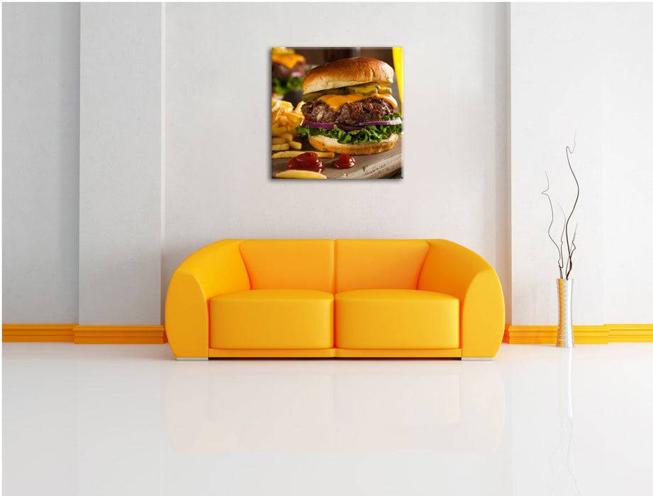 Pixxprint Saftiger Chili Cheese Burger, Leinwandbild Super Rabatt