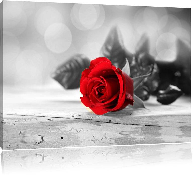 Pixxprint Rote Rose auf Holztisch, Leinwandbild