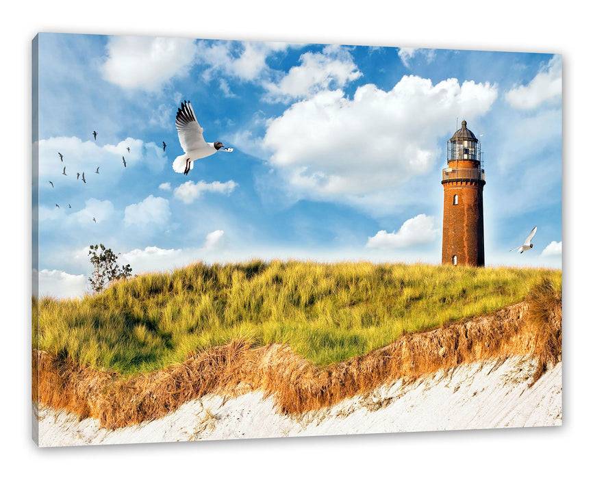 Pixxprint Möwen fliegen am Meer vor Leuchtturm, Leinwandbild zollfrei