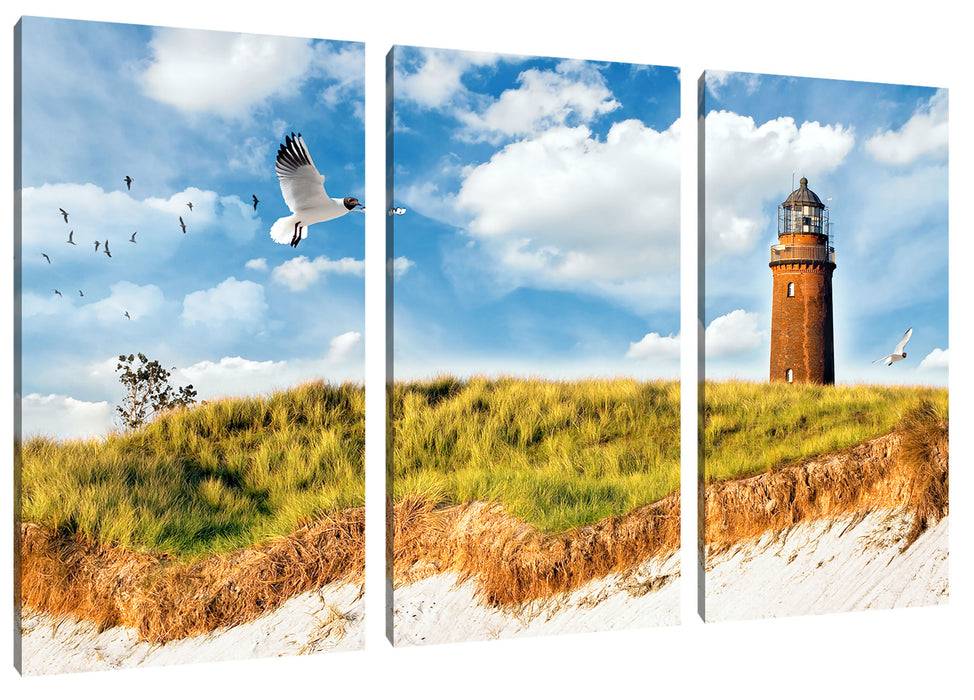 Pixxprint Möwen fliegen am Meer vor Leuchtturm, Leinwandbild zollfrei