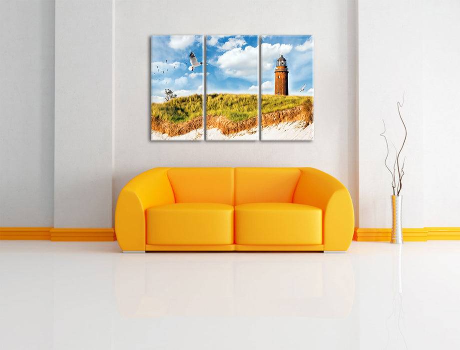 Pixxprint Möwen fliegen am Meer vor Leuchtturm, Leinwandbild zollfrei