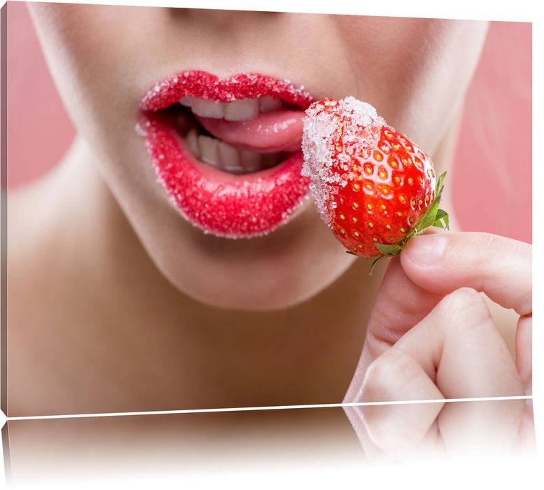 Pixxprint Erdbeere vor Lippen, Leinwandbild