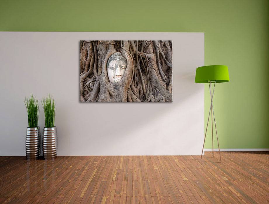 Pixxprint Buddha Kopf im Baum, Leinwandbild Saisonschlussverkauf