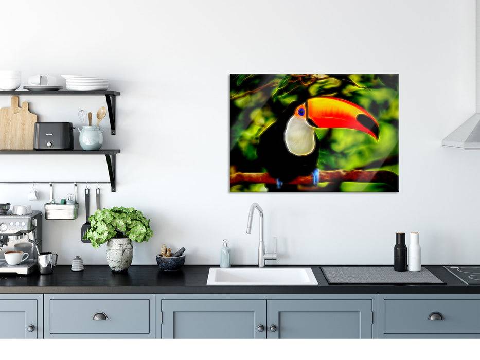 Pixxprint Dark prächtiger bunter Tukan, Glasbild Fabrikladen