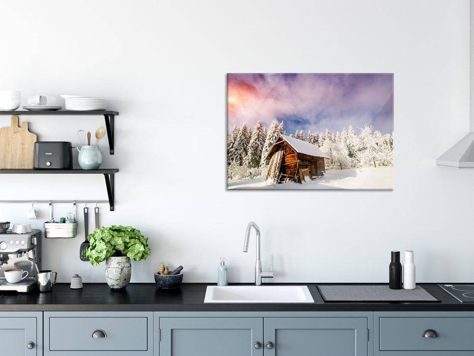 Pixxprint Holzhütte im Schnee, Glasbild Exklusivangebot