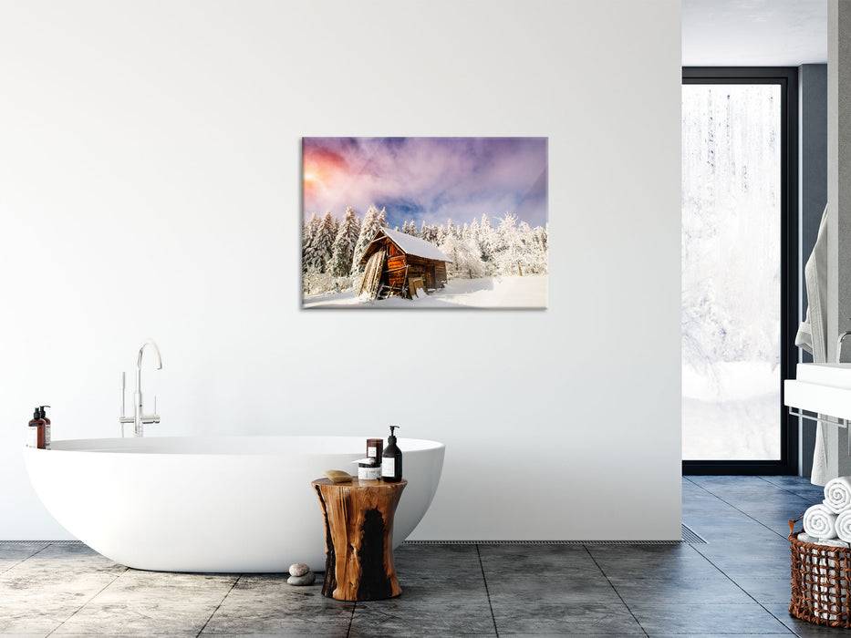 Pixxprint Holzhütte im Schnee, Glasbild Exklusivangebot