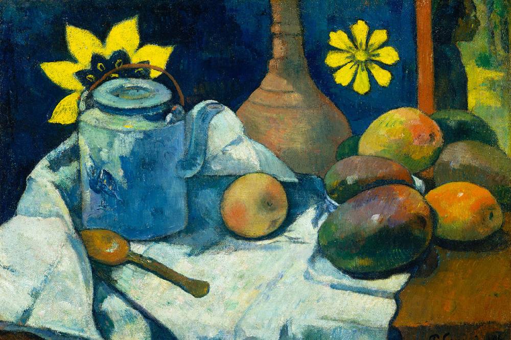 Pixxprint Paul Gauguin - Stillleben mit Tee-Kanne und Früchten , Glasbild Tiefpreis
