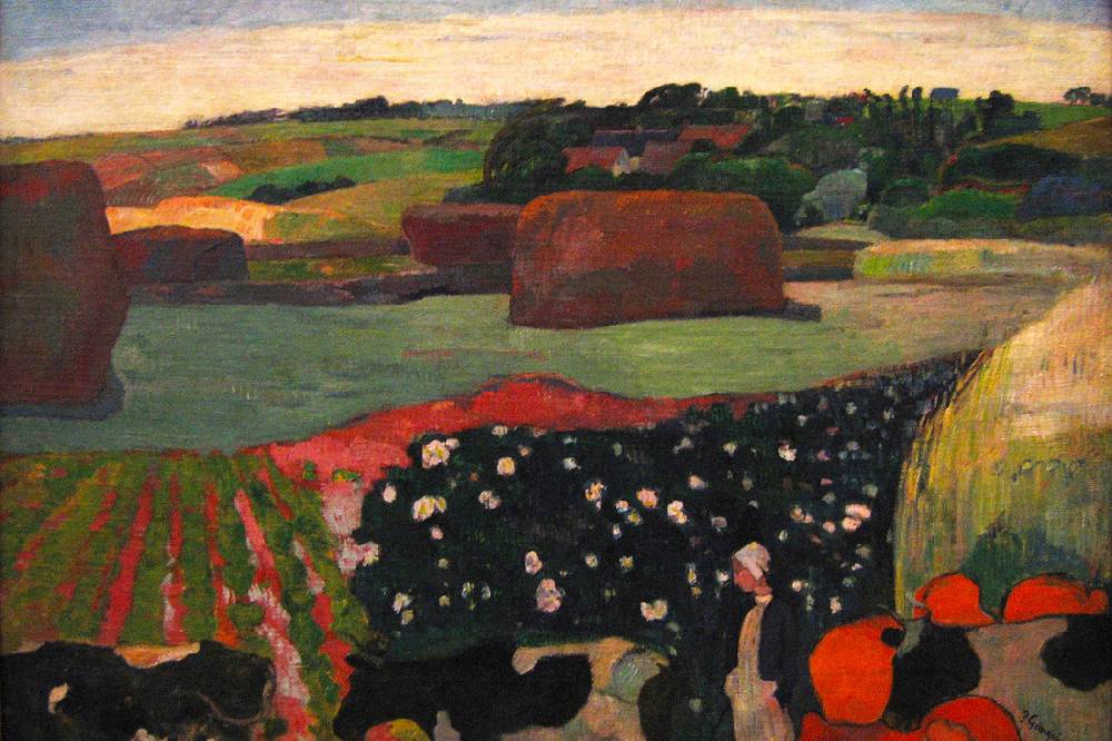 Pixxprint Paul Gauguin - Heuhaufen in der Bretagne, Glasbild Letzte 3 Tage