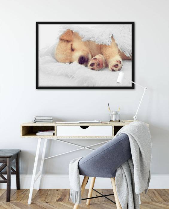 Pixxprint kleiner schlafender Welpe, Poster mit Bilderrahmen Letzter Tag