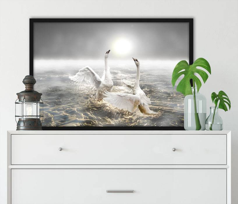Pixxprint Schwäne im Meer, Poster mit Bilderrahmen Nur noch ein Tag übrig