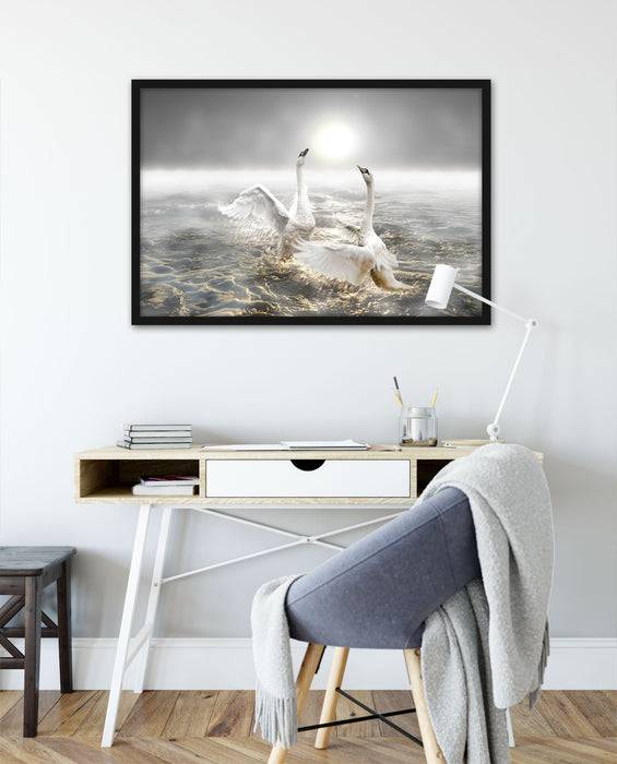 Pixxprint Schwäne im Meer, Poster mit Bilderrahmen Nur noch ein Tag übrig