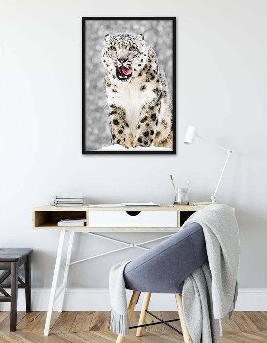 Pixxprint Leopard im Schnee, Poster mit Bilderrahmen Speichern exportieren