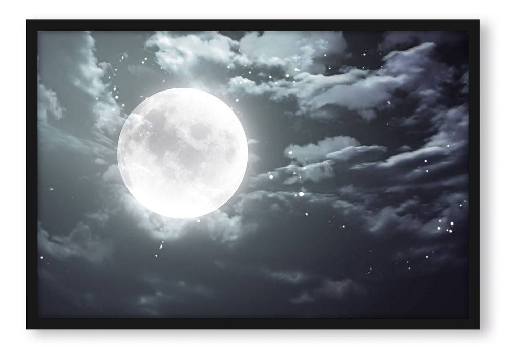 Pixxprint Vollmond Sterne Wolken, Poster mit Bilderrahmen