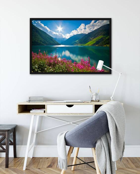 Pixxprint Blumenwiese See, Poster mit Bilderrahmen Großer Ausverkauf