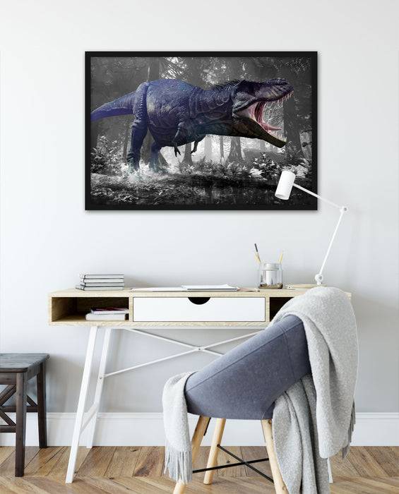 Pixxprint T-Rex Dinosaurier im Wald, Poster mit Bilderrahmen Zeitlich begrenztes Angebot