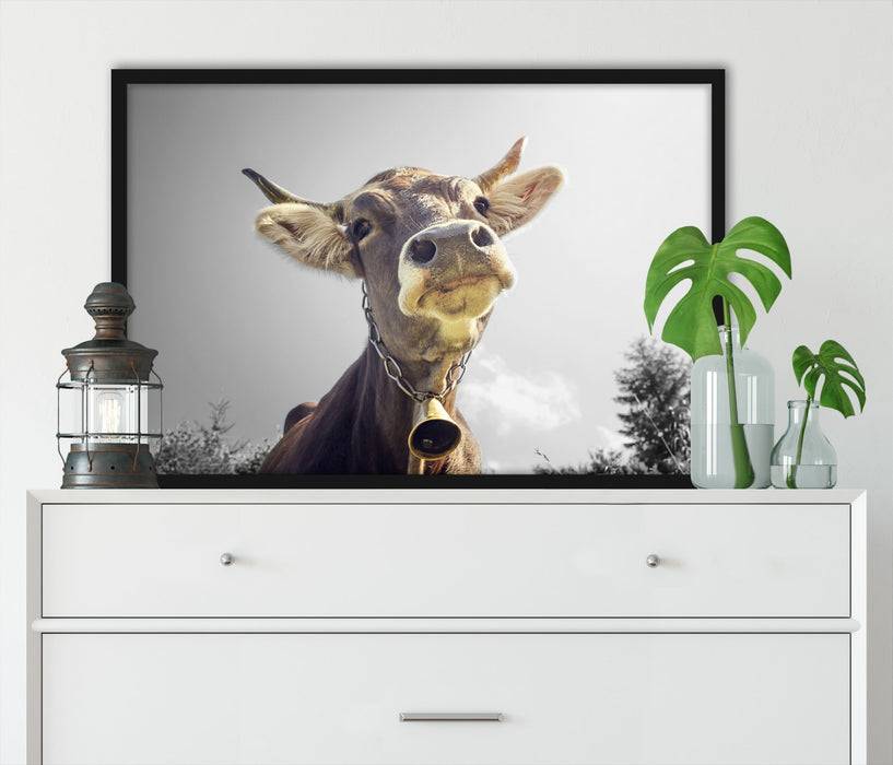 Pixxprint Lustiges Portrait einer Kuh, Poster mit Bilderrahmen Neuheiten