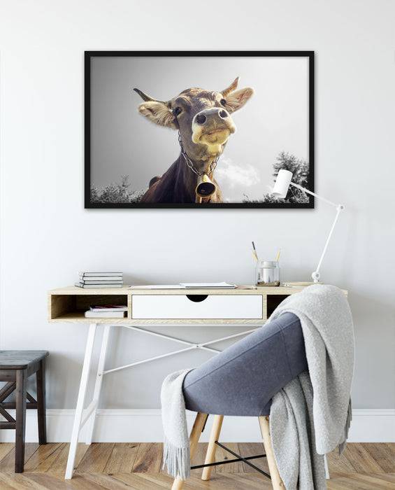 Pixxprint Lustiges Portrait einer Kuh, Poster mit Bilderrahmen Neuheiten