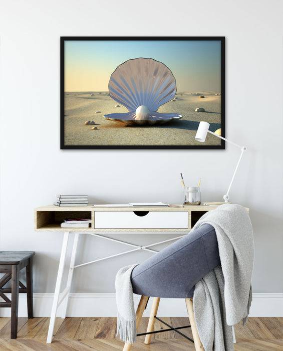 Pixxprint Perlenmuschel am Strand, Poster mit Bilderrahmen Super Sparpreis