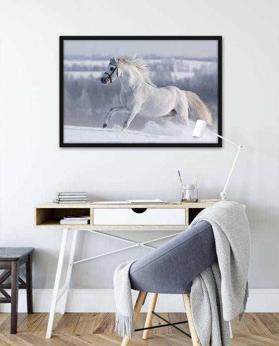 Pixxprint Weißes Pferd auf Schneewiese, Poster mit Bilderrahmen Bis zu 60% Rabatt