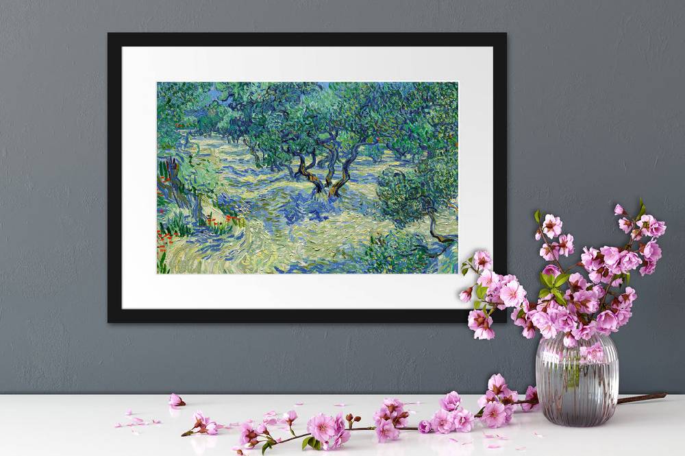 Pixxprint Vincent Van Gogh - Oliven-Feld , im Galerie-Passepartout Bilderrahmen Nur noch ein Tag übrig
