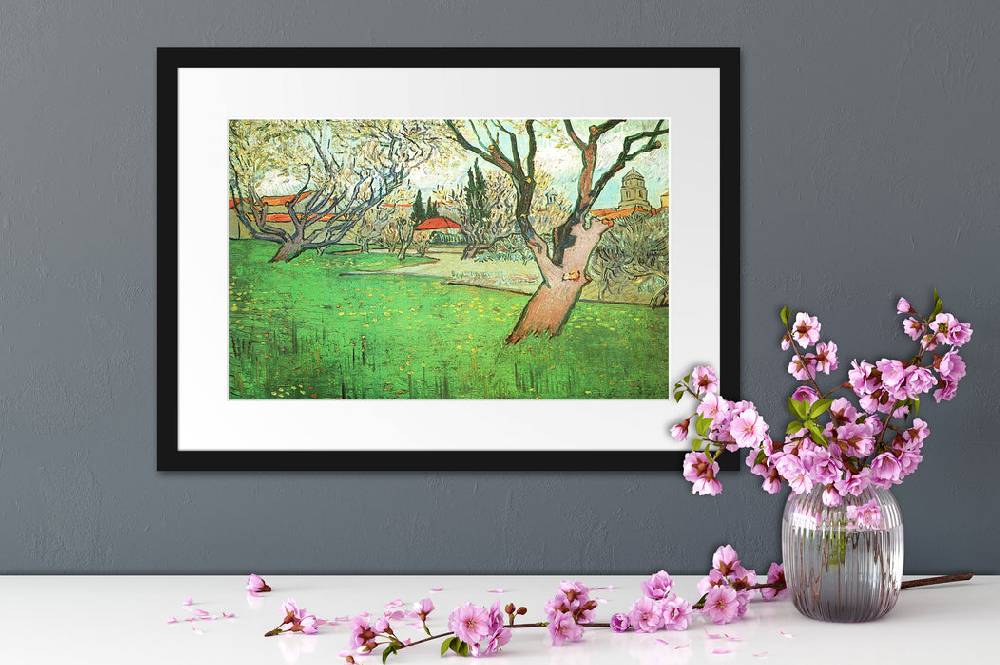 Pixxprint Vincent Van Gogh - Blühende Obstgärten Blick auf Arles, im Galerie-Passepartout Bilderrahmen 50% Rabatt mit kostenlosem Versand