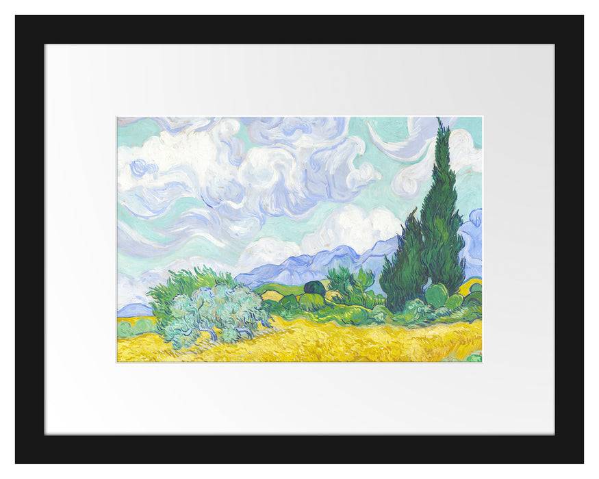 Pixxprint Vincent Van Gogh - Weizenfeld mit Zypressen , im Galerie-Passepartout Bilderrahmen Fabrikladen