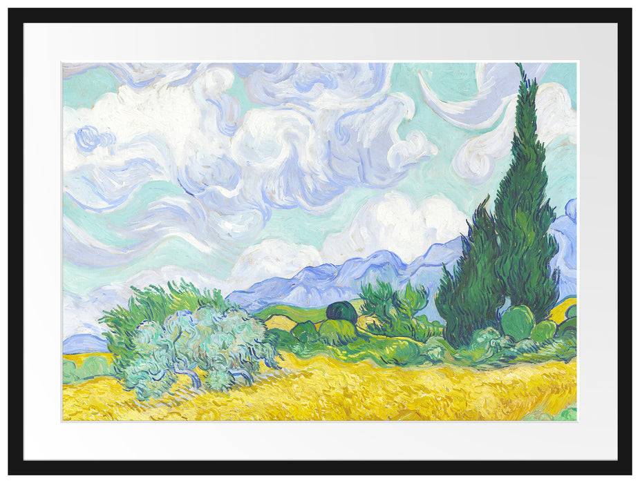 Pixxprint Vincent Van Gogh - Weizenfeld mit Zypressen , im Galerie-Passepartout Bilderrahmen Fabrikladen