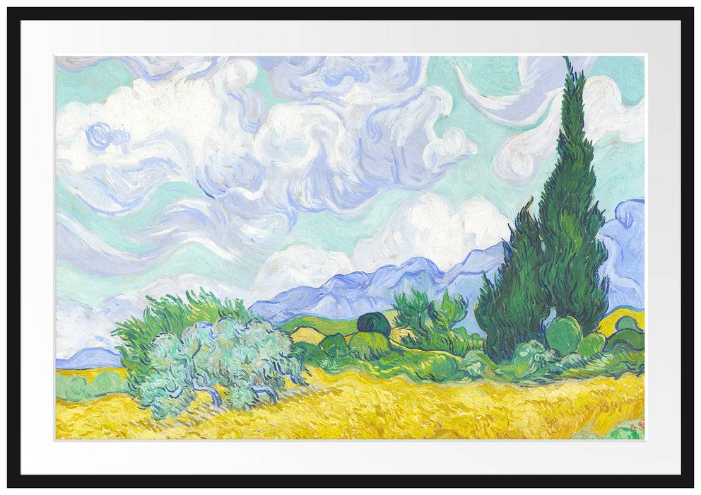 Pixxprint Vincent Van Gogh - Weizenfeld mit Zypressen , im Galerie-Passepartout Bilderrahmen Fabrikladen