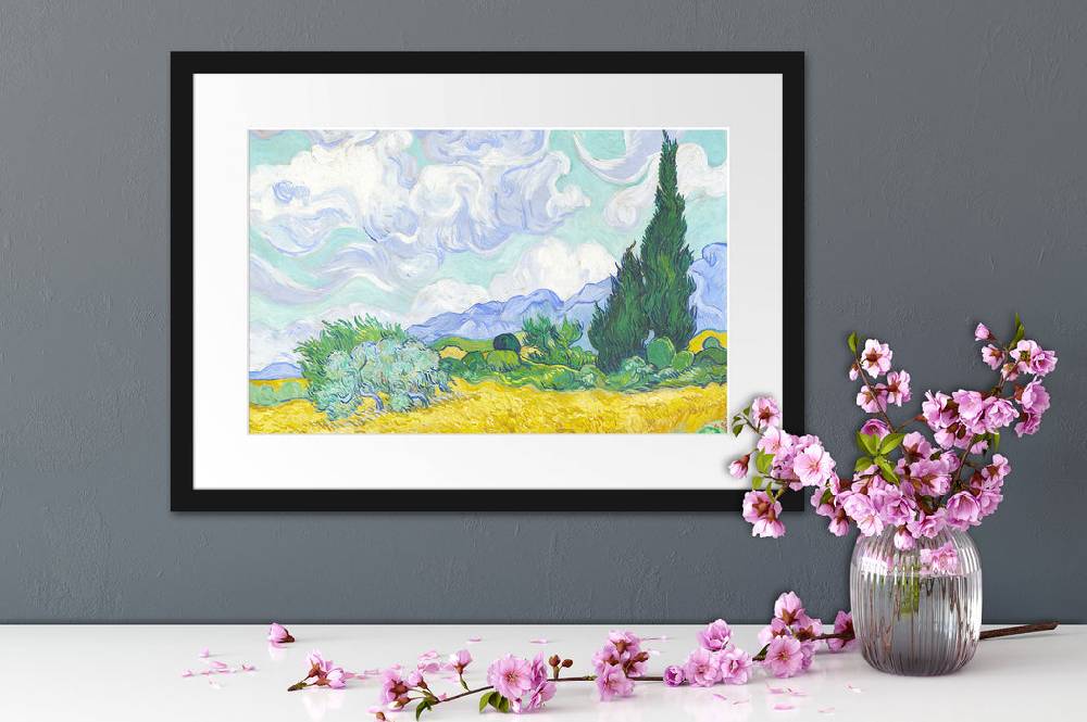 Pixxprint Vincent Van Gogh - Weizenfeld mit Zypressen , im Galerie-Passepartout Bilderrahmen Fabrikladen