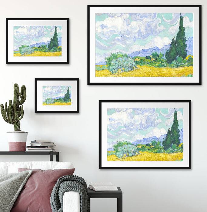 Pixxprint Vincent Van Gogh - Weizenfeld mit Zypressen , im Galerie-Passepartout Bilderrahmen Fabrikladen